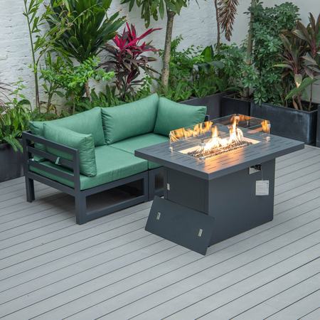 LEISUREMOD Chelsea 3-Piece Sectional Loveseat and Fire Pit Table Set Black Aluminum with Green Cushions CSFCBL-2G